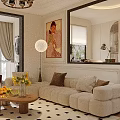Modern Open Dining and Living Room With Beige Sofa Rug Artwork Chandelier And Herringbone Flooring