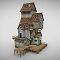 Tall Irregular Multi Level Building With Stone Walls Wooden Platforms And Tiled Roofs