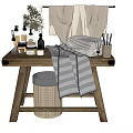 Bathroom Accessories Display On Wooden Shelf With Towels Toiletries And Wicker Basket
