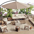 Comfortable Outdoor Sofa with Large Umbrella and Lush Plants on Wooden Patio