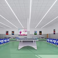Indoor Table Tennis Fitness Space With Green Floor Blue Barriers And Bright Lighting