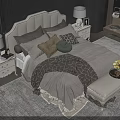 Modern Double Bed In Bedroom With Upholstered Headboard Pillows Plaid Blanket Bedside Lamps And Bench