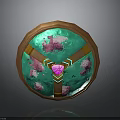 Decorative Circular Artifact With Brown Outer Frame Green Base Pink Floral Patterns And Central Pink Gemstone