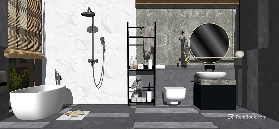 Modern Bathroom Washbasin with Round Mirror Black Shelf Marble Wall Toilet and Bathtub 3d model 