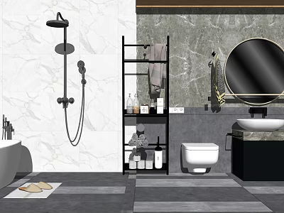 Modern Bathroom Washbasin with Round Mirror Black Shelf Marble Wall Toilet and Bathtub 3d model