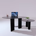 Modern Round Tables With Laptop Cup And Small Green Plant On Surface
