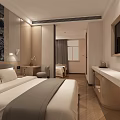 Modern Hotel Guest Room With Comfortable Bed Wall Mounted TV And Soft Lighting