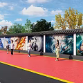 Outdoor Scenic Wall Featuring Colorful Murals Visitors Walking and Green Trees Under Blue Sky