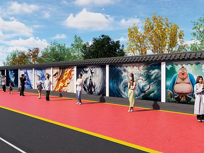 Outdoor Scenic Wall Featuring Colorful Murals Visitors Walking and Green Trees Under Blue Sky 3d model