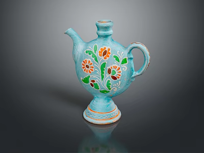 Decorative Blue Ceramic Pitcher With Colorful Floral Patterns Spout And Handle 3d model