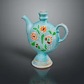 Decorative Blue Ceramic Pitcher With Colorful Floral Patterns Spout And Handle