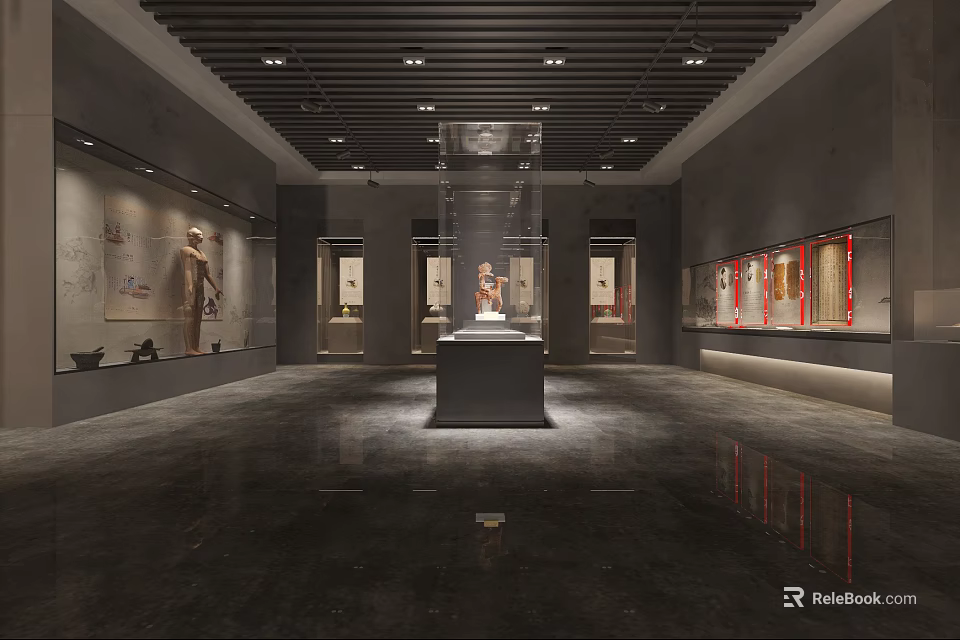 Museum Exhibition Hall Interior With Glass Display Case And Artifacts Exhibits Lighting 3d model 