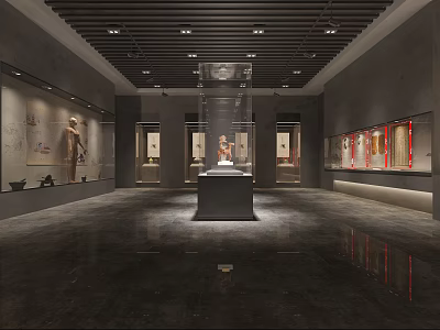 Museum Exhibition Hall Interior With Glass Display Case And Artifacts Exhibits Lighting 3d model