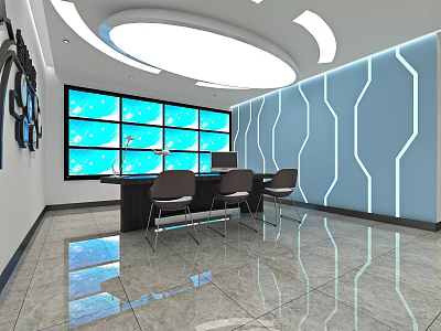 Modern Monitoring Room Interior With Large Screens Workstation Chairs And Ceiling Lighting 3d model