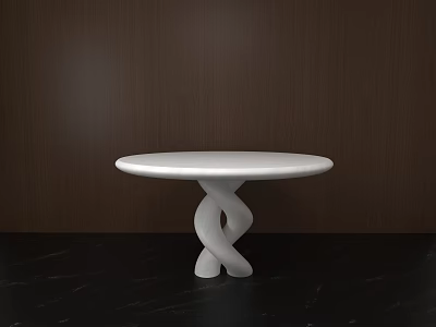 Round White Dining Table With Unique Twisted Base Against Dark Wooden Wall And Black Floor 3d model