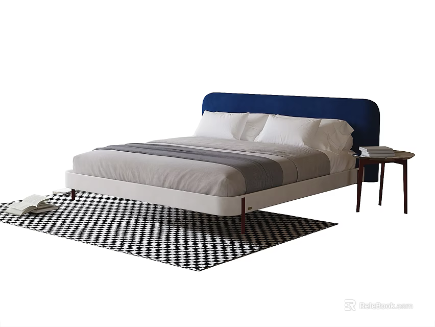 Modern Kids Bed With Blue Headboard White Mattress And Checkered Rug 3d model 