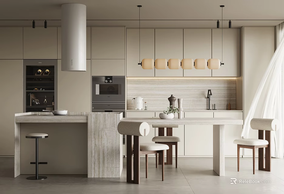 Elegant Modern Restaurant Interior With Dining Table Chairs And Pendant Lights 3d model