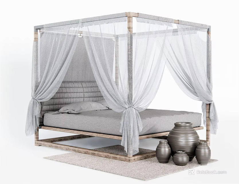 Canopy Double Bed With Wooden Frame White Sheer Curtains Padded Headboard And Decorative Clay Pots 3d model 
