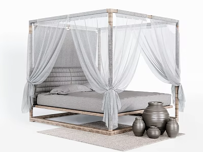 Canopy Double Bed With Wooden Frame White Sheer Curtains Padded Headboard And Decorative Clay Pots 3d model