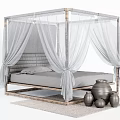 Canopy Double Bed With Wooden Frame White Sheer Curtains Padded Headboard And Decorative Clay Pots