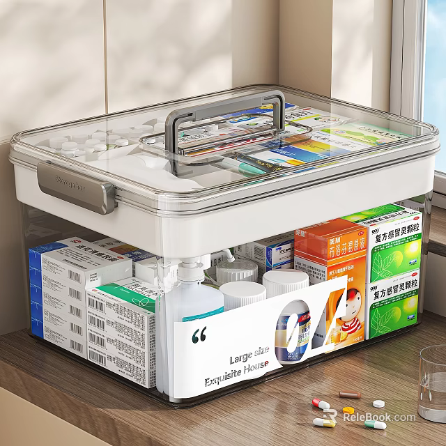 Transparent Plastic Storage Box for Household Supplies with Handle and Organized Compartments 3d model 
