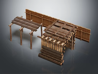 Wooden Fence Structure With Panel Sections And Support Posts Design Elements 3d model