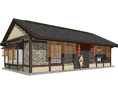Traditional Commercial Complex With Black Tile Roof Stone Wall Bamboo Curtain Windows And Red Lanterns 3d model