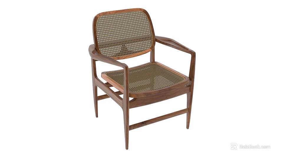 Minimalist Leisure Chair With Wooden Frame Rattan Mesh Back And Seat 3d model 