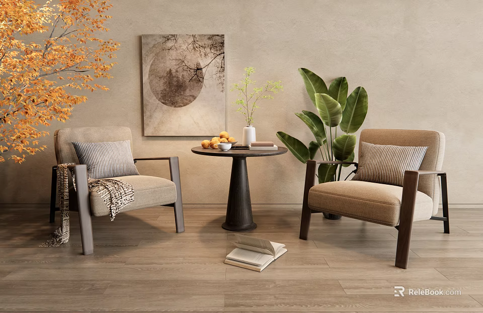 Cozy Interior With Beige Armchairs Dark Round Table Autumn Leaves And Green Plants 3d model 