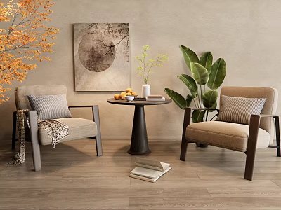 Cozy Interior With Beige Armchairs Dark Round Table Autumn Leaves And Green Plants 3d model
