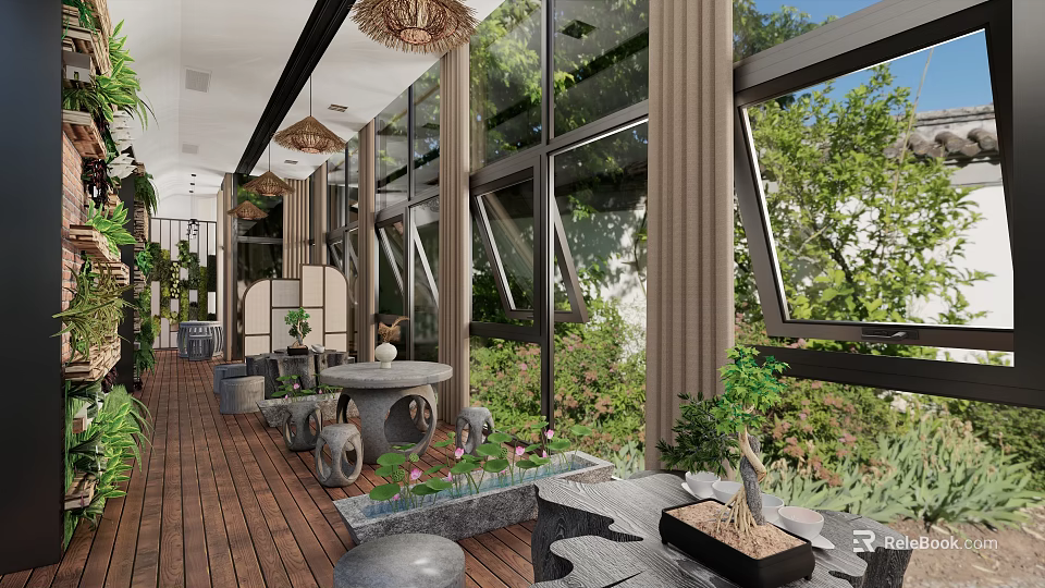 Serene Hotel Public Lounge Area With Large Windows Green Plants Wooden Flooring And Stone Tables 3d model 