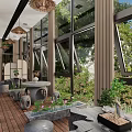 Serene Hotel Public Lounge Area With Large Windows Green Plants Wooden Flooring And Stone Tables