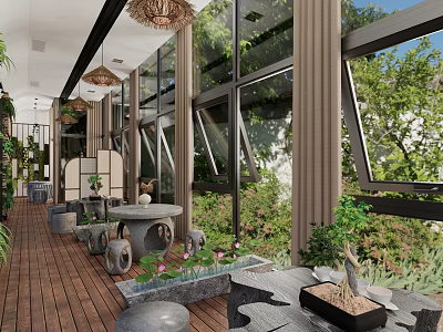 Serene Hotel Public Lounge Area With Large Windows Green Plants Wooden Flooring And Stone Tables 3d model