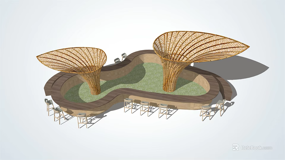 Leaf Shaped Architectural Structures Outdoor Seating Area With Tables Chairs And Green Space 3d model