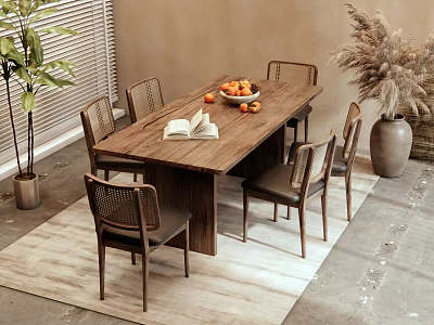 Wooden Dining Table Set with Six Chairs Bowl of Fruits and Pampas Grass Vase 3d model