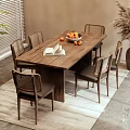 Wooden Dining Table Set with Six Chairs Bowl of Fruits and Pampas Grass Vase