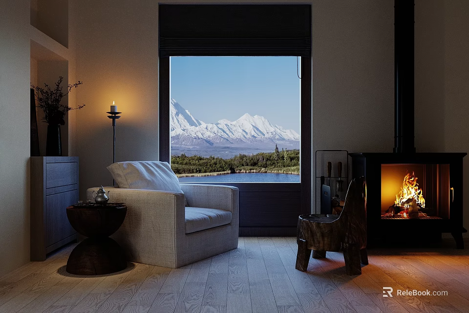 Warm Living Room Interior Featuring Single Sofa With Fireplace And Mountain View 3d model