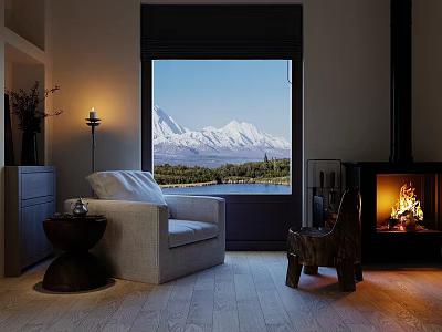 Warm Living Room Interior Featuring Single Sofa With Fireplace And Mountain View 3d model