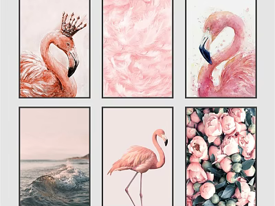 Pink Flamingo Art Prints With Feathers Flowers And Ocean Waves Design 3d model