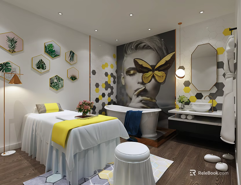 Modern SPA Sauna Interior With Massage Bed Bathtub Butterfly Hexagon Decor And Green Plants 3d model 