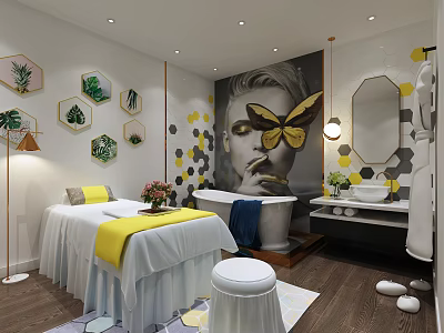 Modern SPA Sauna Interior With Massage Bed Bathtub Butterfly Hexagon Decor And Green Plants 3d model