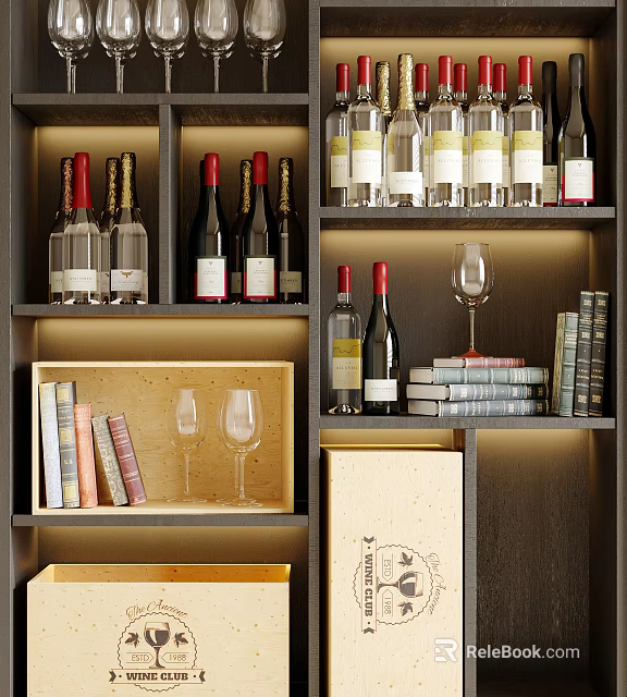 Elegant Wine Cabinet Display With Wine Bottles Wine Glasses Books And Wooden Box 3d model 