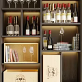Elegant Wine Cabinet Display With Wine Bottles Wine Glasses Books And Wooden Box