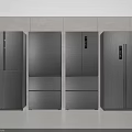 Four Silver Refrigerators Freezers Side by Side Modern Kitchen Interior with White Wall and Gray Floor