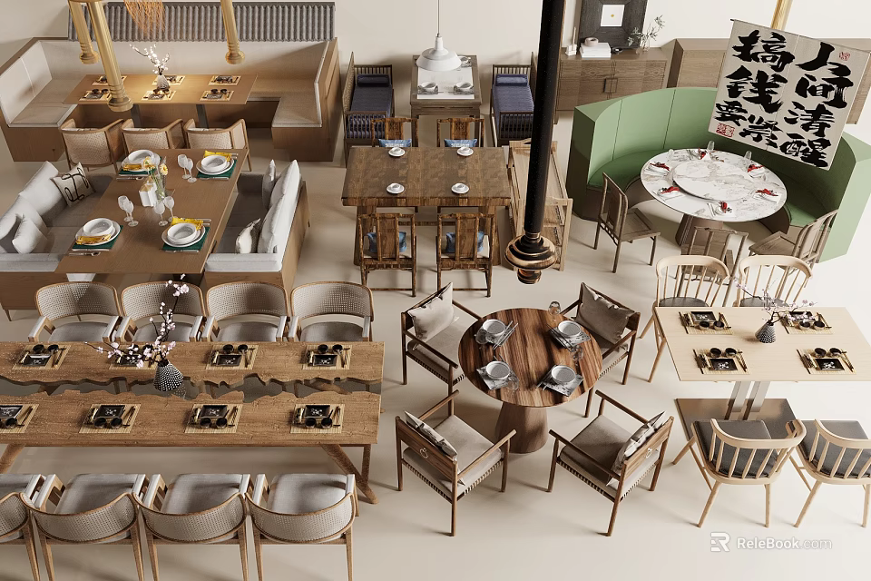 Modern Dining Room Interior With Various Styled Wooden Table And Chair Sets Featuring Tableware 3d model 