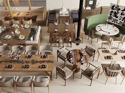 Modern Dining Room Interior With Various Styled Wooden Table And Chair Sets Featuring Tableware 3d model