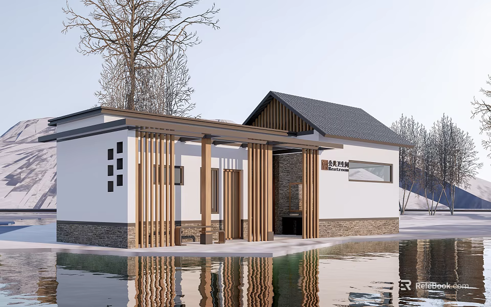 Modern Wooden Pavilion With Black Roof And Water Reflection In Snowy Landscape 3d model 