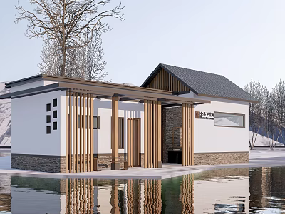 Modern Wooden Pavilion With Black Roof And Water Reflection In Snowy Landscape 3d model