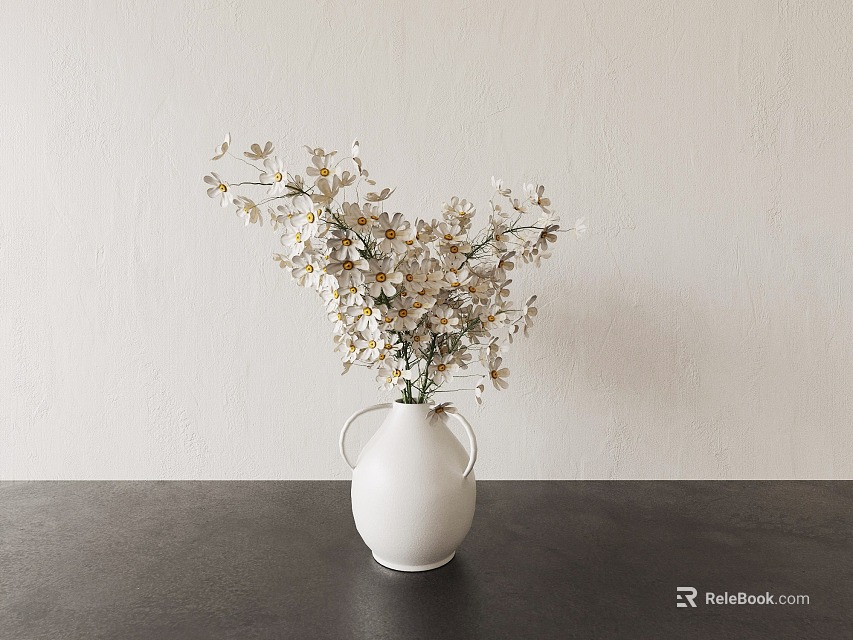 White Vase With White And Yellow Flowers On Dark Tabletop Light Colored Wall Background 3d model 