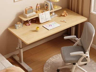 Wooden Adjustable Desk With Desk Lamp Books Calendar Colored Pencils And Gray Office Chair 3d model